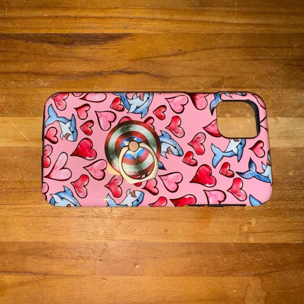 Pink Shark Love iPhone 11 Pro Max phone case w/Captain America ring holder
